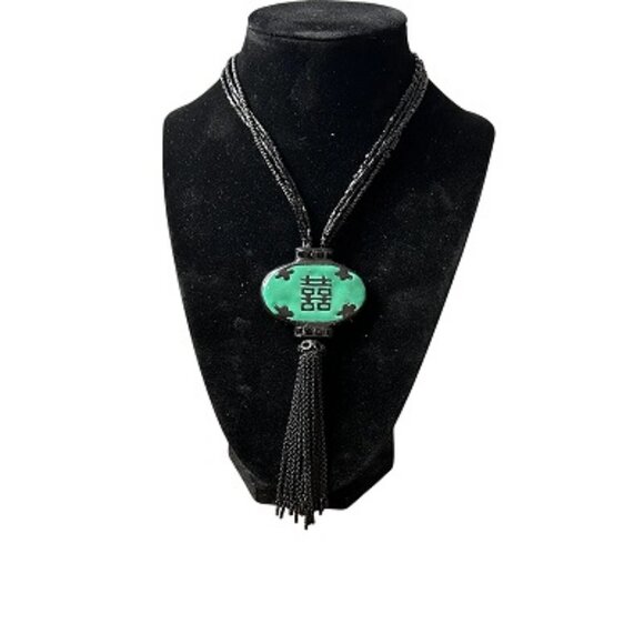 Chico's East Asian Motif Black And Green Long Necklace w/Tassel - Picture 1 of 15